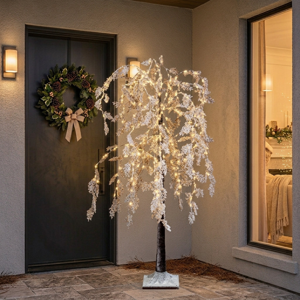 Outdoor willow artificial Christmas tree with white flowers and warm white micro LEDs, 180cm tall