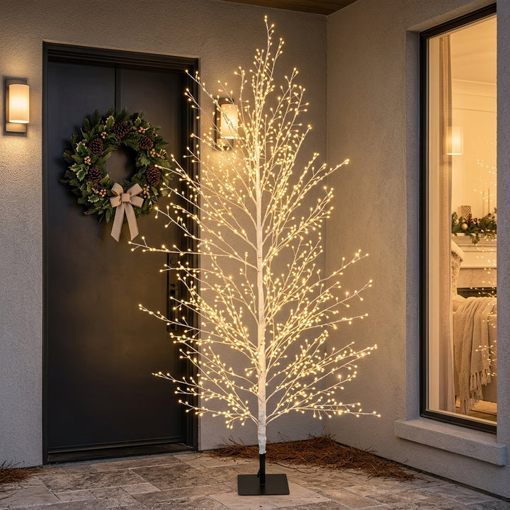 Silver Birch Full-Branch Outdoor Artificial Christmas Tree with Warm White Micro LEDs - W: 60 cm x H: 150 cm