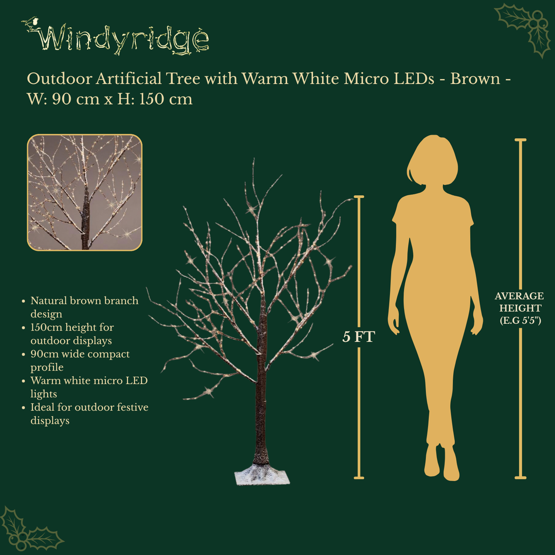 Snowy brown birch outdoor artificial Christmas tree with warm white micro LEDs, 150cm tall, alternate view