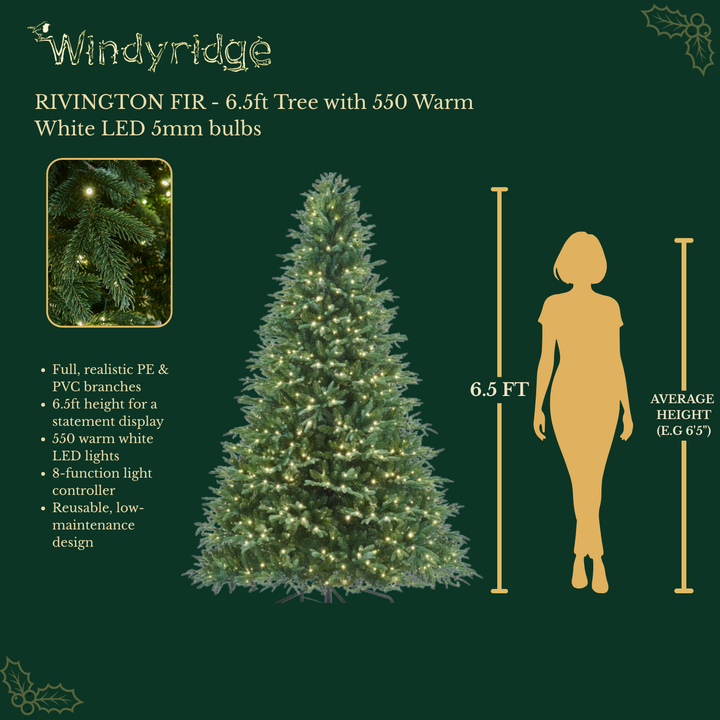 Rivington Fir Artificial Christmas Tree with 550 Warm White LEDs - 6.5 ft