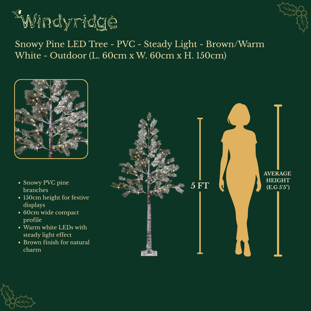 Snowy pine outdoor artificial Christmas tree in brown with warm white LEDs, 150cm tall, alternate view