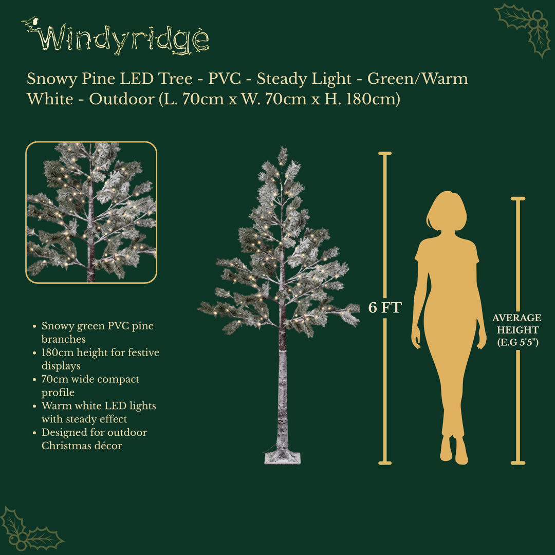 Snowy pine outdoor artificial Christmas tree in green with warm white LEDs, 180cm tall, alternate view