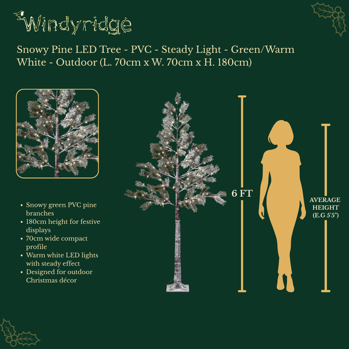 Snowy pine outdoor artificial Christmas tree in green with warm white LEDs, 180cm tall, alternate view