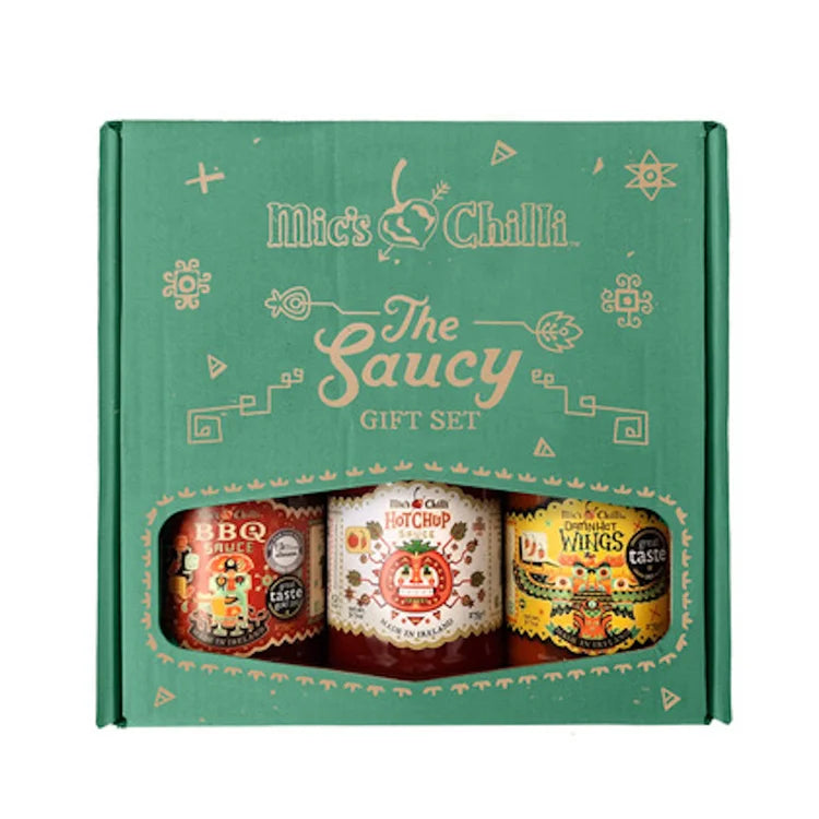 Green gift box with 'Mic's Chilli' branding and three spice containers inside.