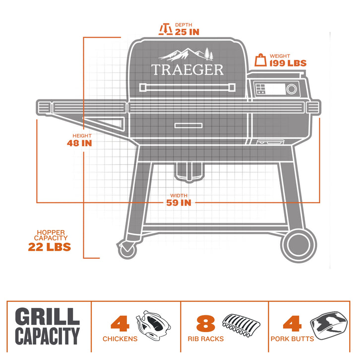 A drawing of the Traeger Ironwood specs and capacity