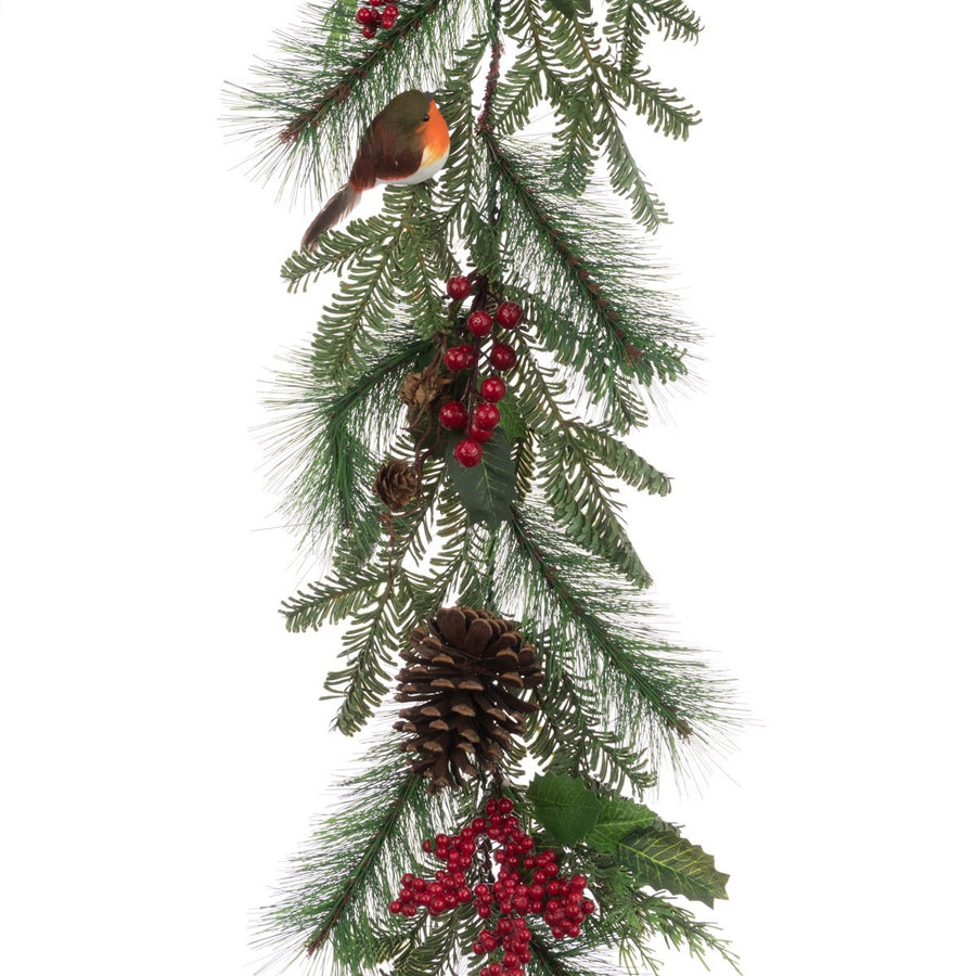 Pine Christmas garland with berries and robins