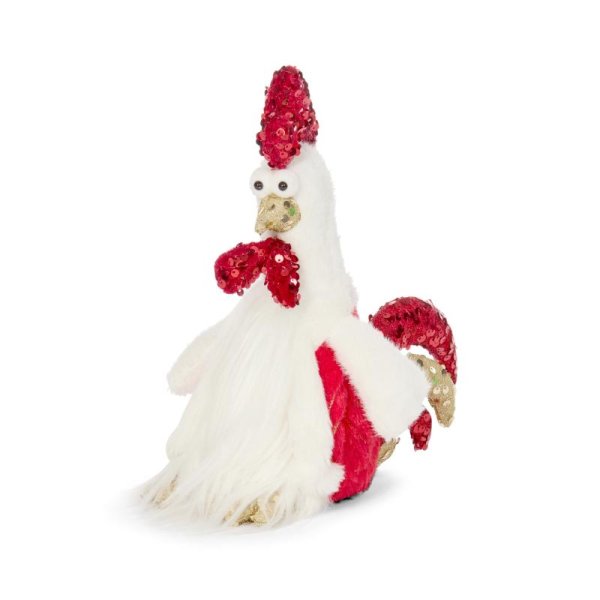 Decorative rooster figurine with red and white colors on a white background