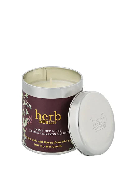 COMFORT AND JOY TIN CANDLE.