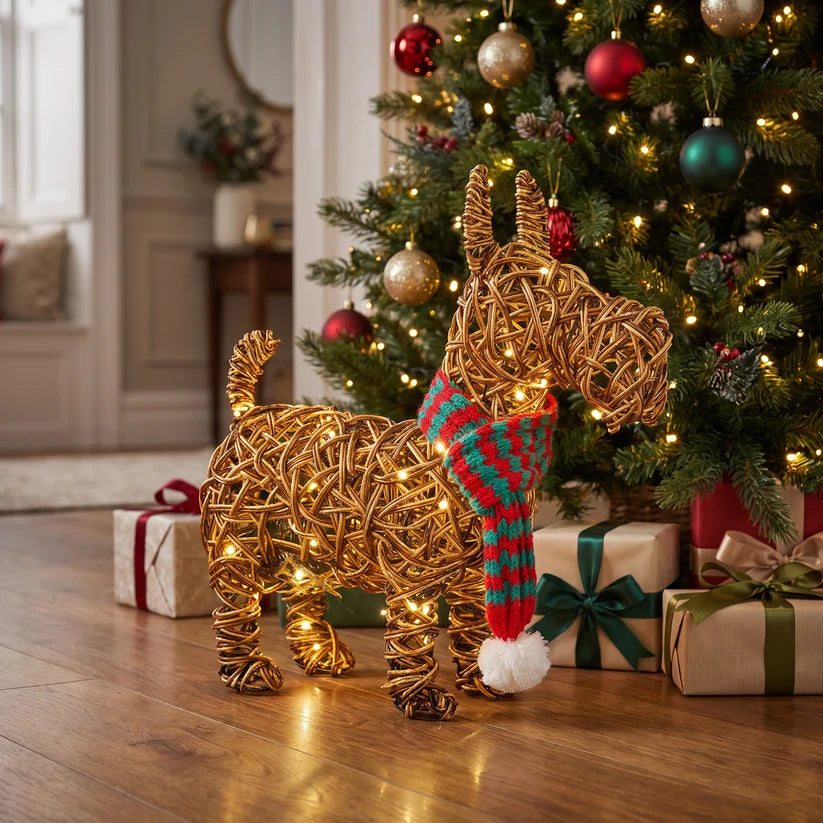 Noma 28cm brown wicker Scottie dog with 30 LEDs, alternate view