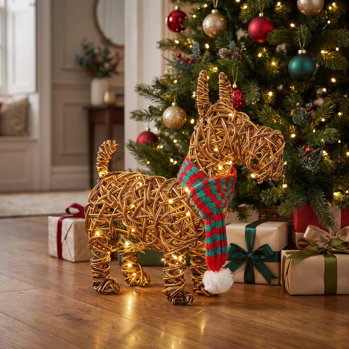 Noma 28cm brown wicker Scottie dog with 30 LEDs, alternate view