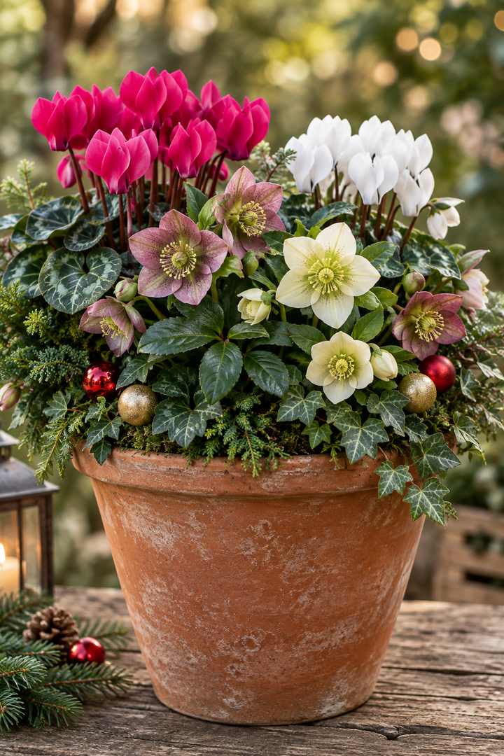 A terracotta pot filled with a dense winter garden arrangement featuring bright pink cyclamen flowers, white hellebores, mauve hellebores, green ivy, evergreen branches, and small red and gold ornaments, set on a rustic wooden surface outdoors.