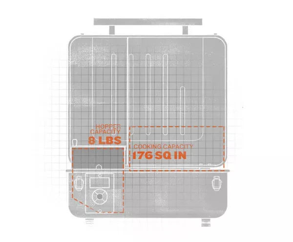 Drawing of the Traeger Ranger Pellet BBQ dimensions with the lid open