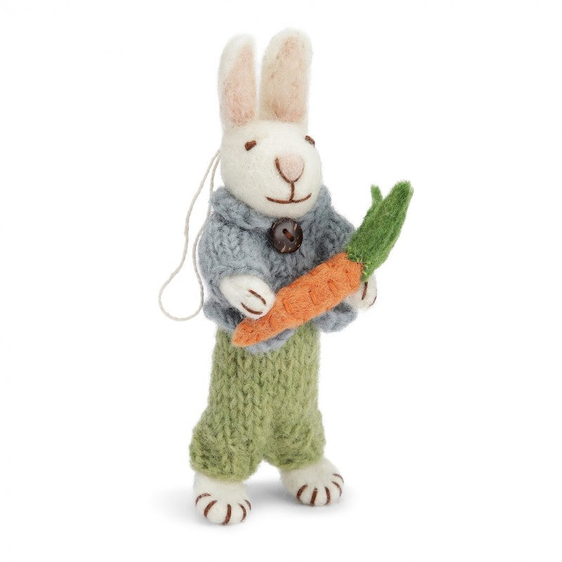 Big White Bunny with Blue Jacket, Green Pants and Carrot
