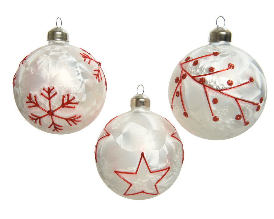 Bauble Glass Ice Laquer Star, Snowflake, Branch 3Ass Assorted - Christmas - Windyridge Garden Centre
