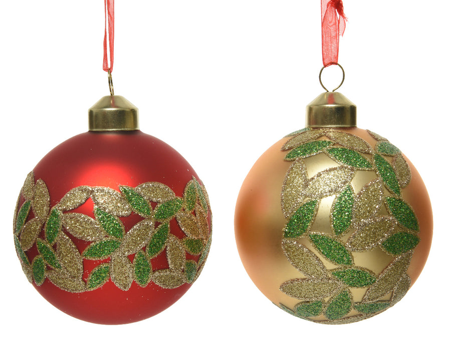 Bauble Glass Matt Glitter Leaves 2Col Ass Assorted - Christmas - Windyridge Garden Centre