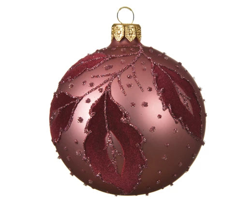 Bauble glass matt flock leaf velvet pink