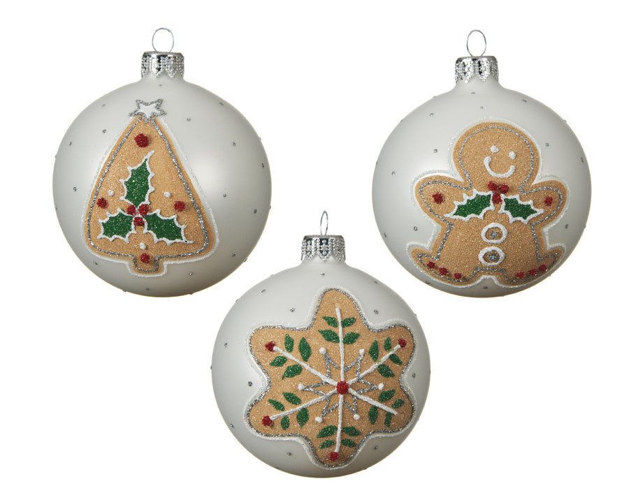 Bauble Glass Matt Cookie, Tree Star Man 3Ass Winter White - Christmas - Windyridge Garden Centre