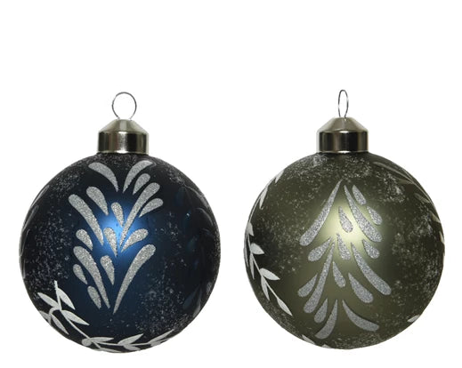 Bauble glass silver inside  w  matt color leaves decal, sugar finish