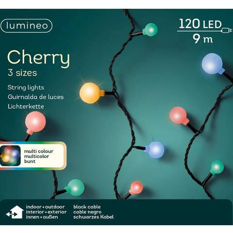 Led Cherry Lights Gb Steady Outdoor Black/Multi L.900Cm - Christmas Lights - Windyridge Garden Centre