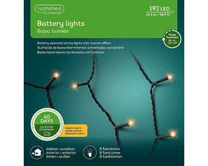 Classic warm white LED Durawise battery-operated Christmas lights, 14.3m string