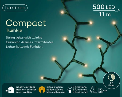 Led Compact Lights Gb 8 Function Twinkle Effect Outdoor Green/Classic Warm L.1100Cm - Christmas Lights - Windyridge Garden Centre