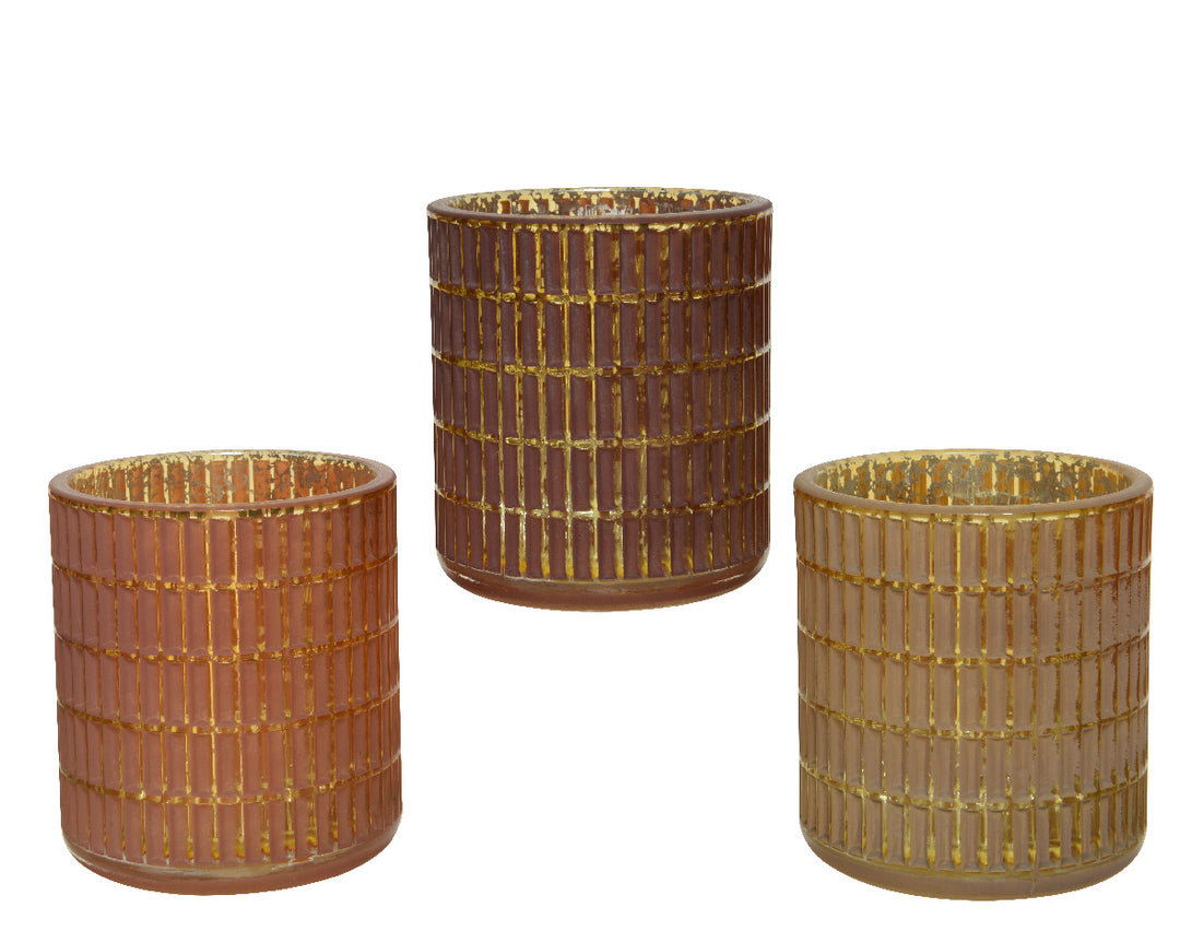 Tealightholder glass matt tiles, gold lines 3col ass assorted