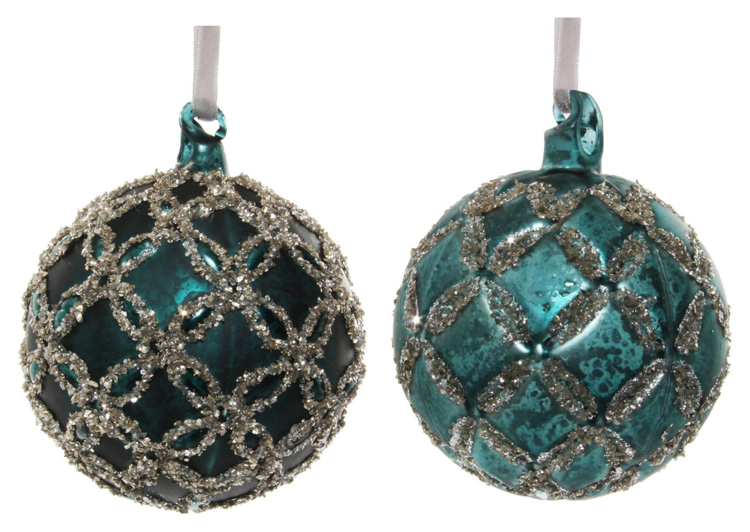 Glass circle ball silver glittered blue-green mix2 8cm