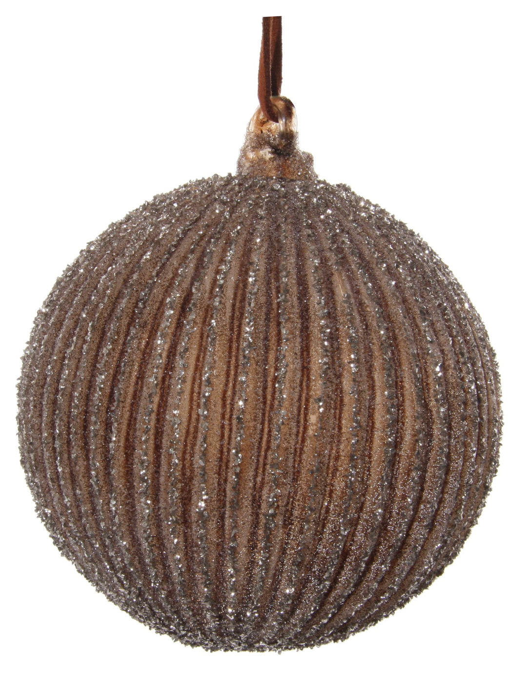Glass ball lined sugared brown silver glitter 10cm