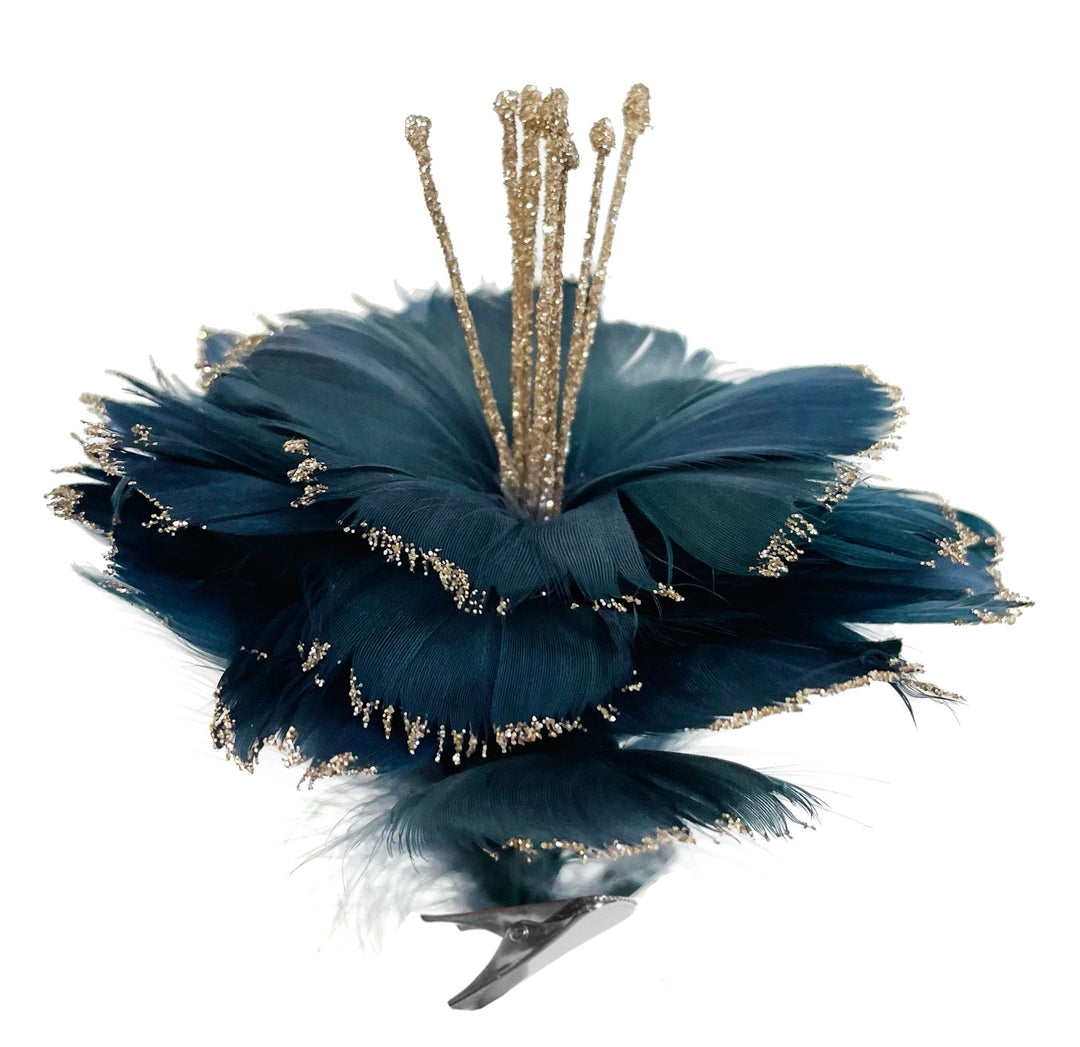 Feather flower with clip blue 12cm