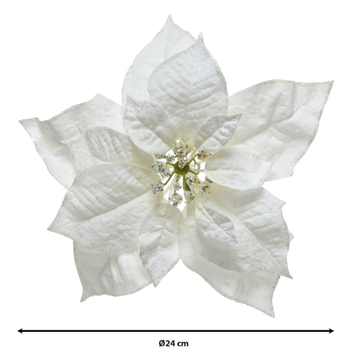 Poinsettia On Clip Polyester Glitter Fin On Edges White - Christmas - Windyridge Garden Centre
