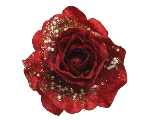 Rose rose on clip polyester pearls,  Christmas red glitters