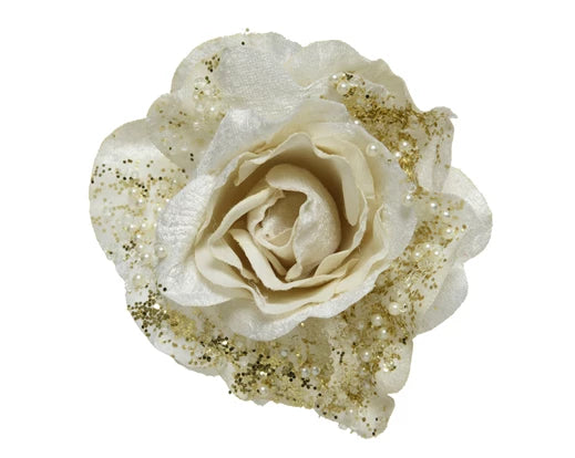 Rose rose on clip polyester pearls, white glitters