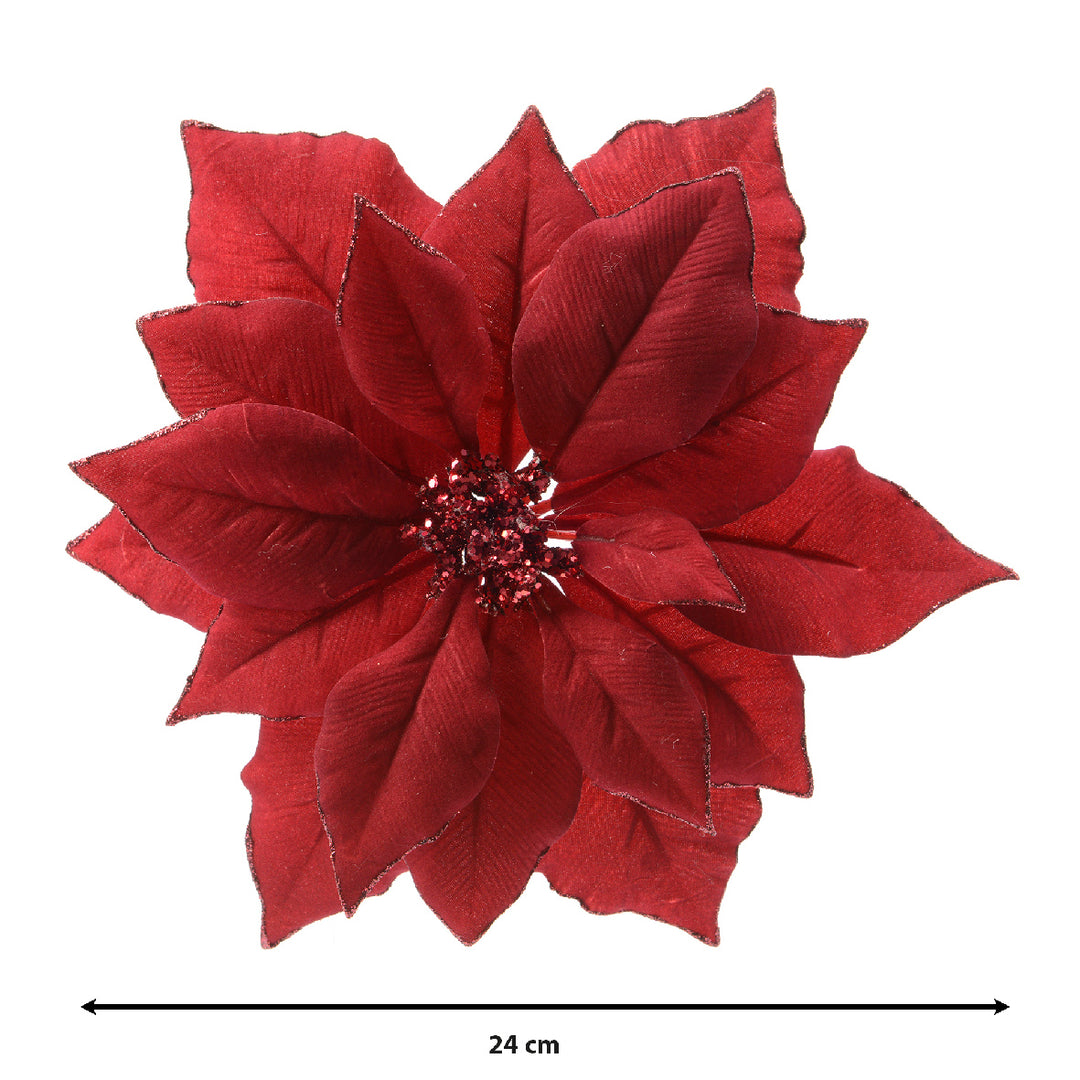 Poinsettia on clip polyester w glitter edges red