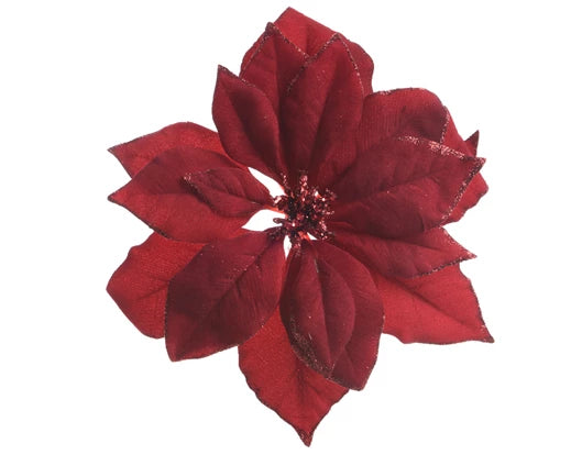 Poinsettia on clip polyester on clip with glitter edges burgundy