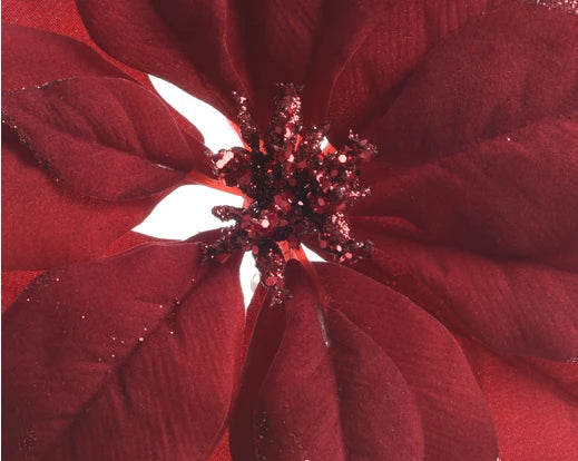 Poinsettia on clip polyester on clip with glitter edges burgundy