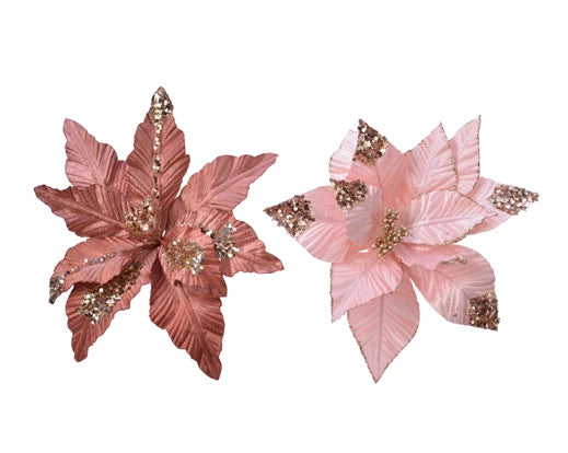 Poinsettia  on  clip  polyester  glitter
-  spangels  with  plastic  flowerhead 2col ass