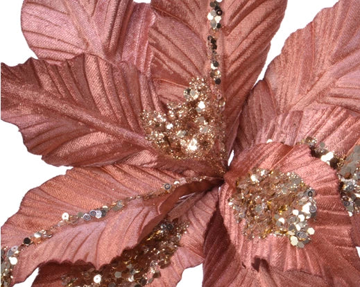 Poinsettia  on  clip  polyester  glitter
-  spangels  with  plastic  flowerhead 2col ass