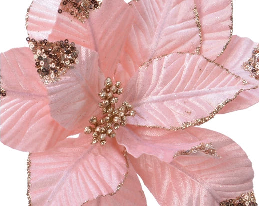 Poinsettia  on  clip  polyester  glitter
-  spangels  with  plastic  flowerhead 2col ass