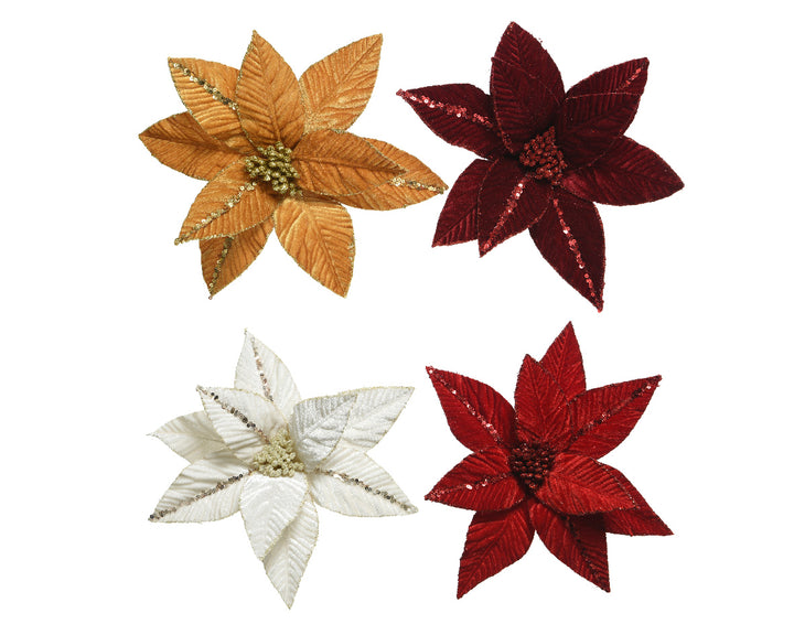 Poinsettia On Clip Polyester Spangels Velvet D.32Cm X H.5Cm - Christmas - Windyridge Garden Centre