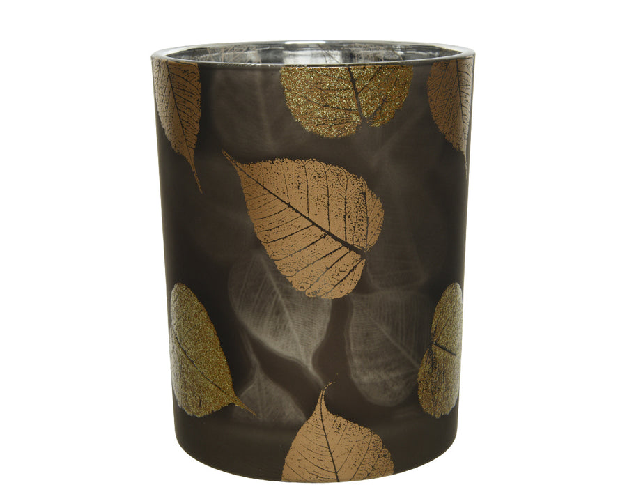Glass Hurricane Glitter Leafs Brown - Home & Living - Windyridge Garden Centre