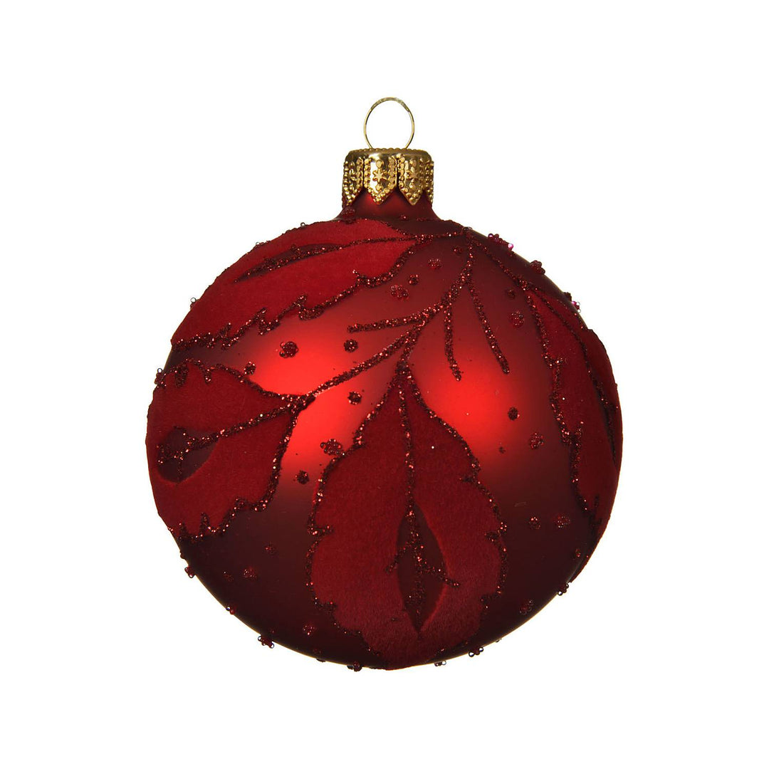 Bauble glass matt flock leaf Christmas red