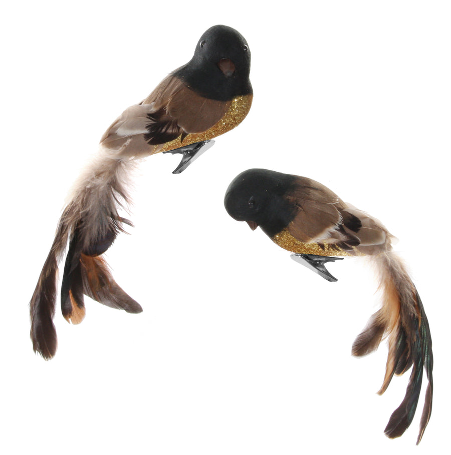 Bird With Clip Gold Glitter Brown Feather - Christmas - Windyridge Garden Centre