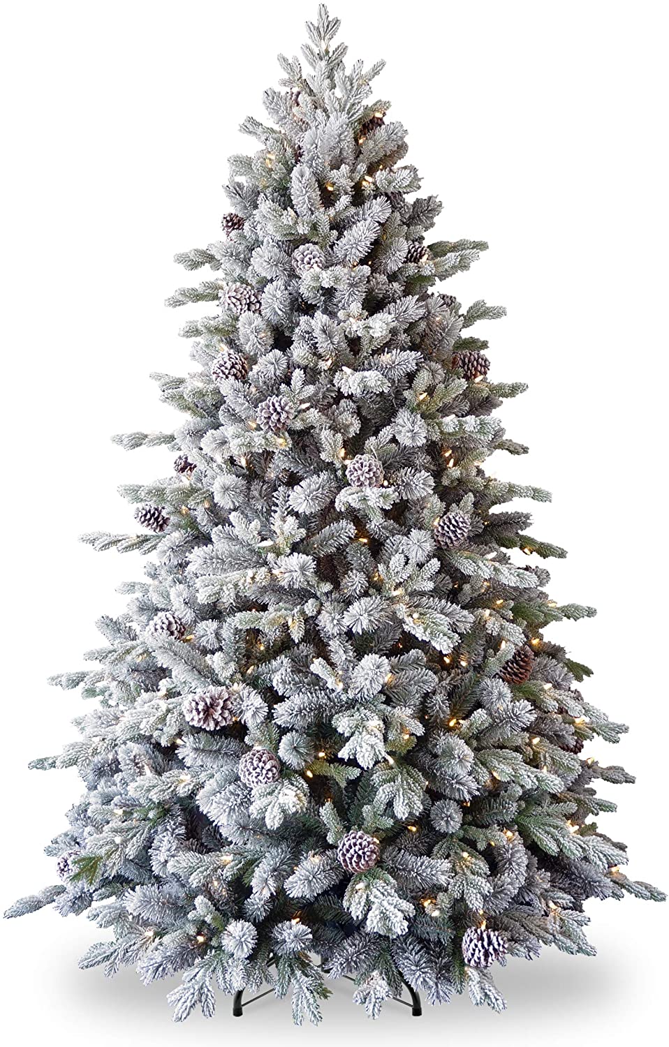 7 1/2 Feel Real Snowy Dorchester Pine  Tree with Big Cones & 600 Warm White LED Lights & Caps-BS