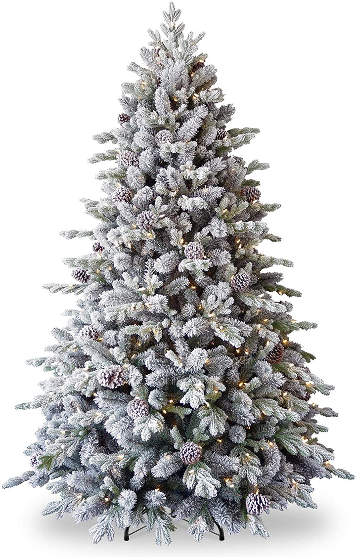 7 1/2 Feel Real Snowy Dorchester Pine  Tree With Big Cones & 600 Warm White Led Lights & Caps-Bs - Christmas - Windyridge Garden Centre