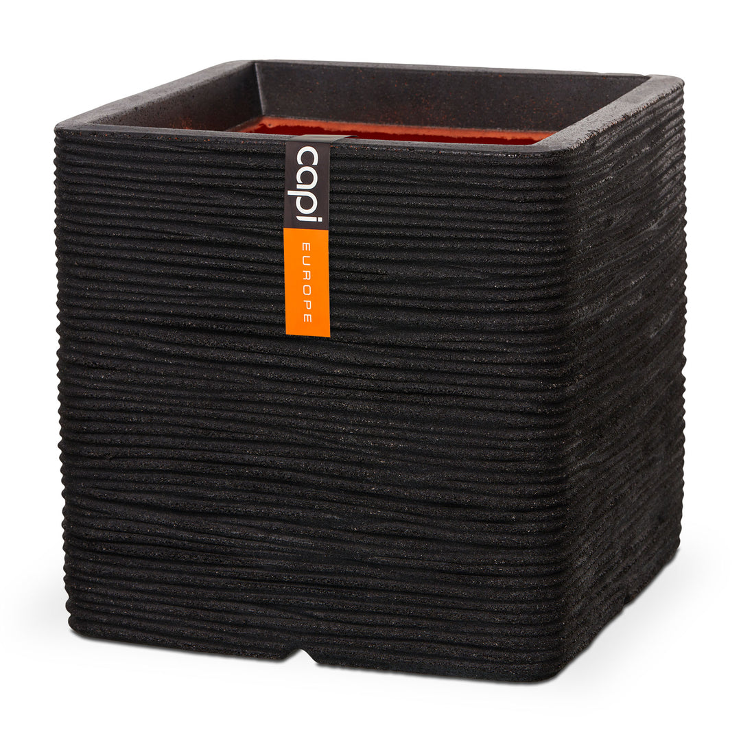 Planter Square Rib NL Black 30cm H30cm W30cm