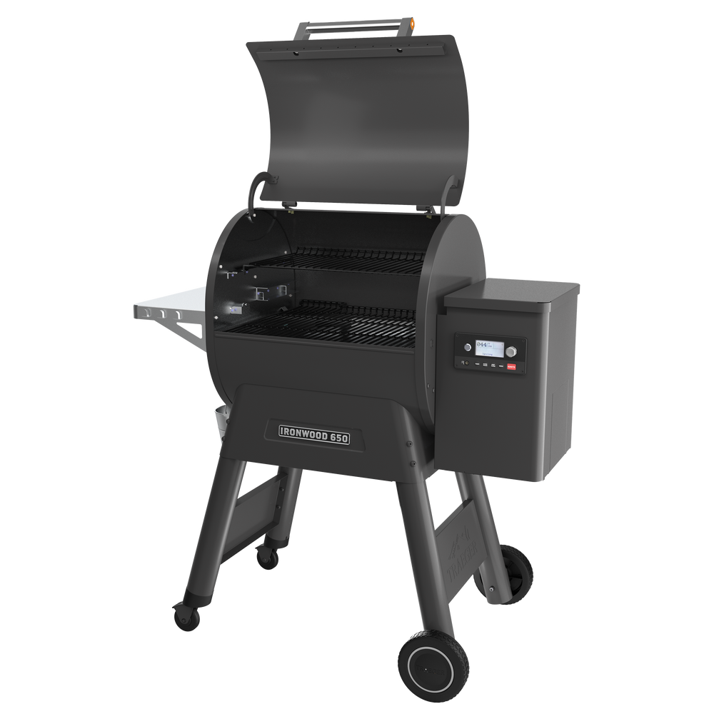Traeger Ironwood 650 Pellet BBQ with an open lid