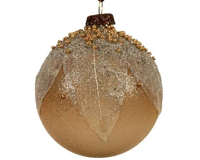 Gl Bauble W Real Leaves W Gldia8Cm Brown - Christmas - Windyridge Garden Centre