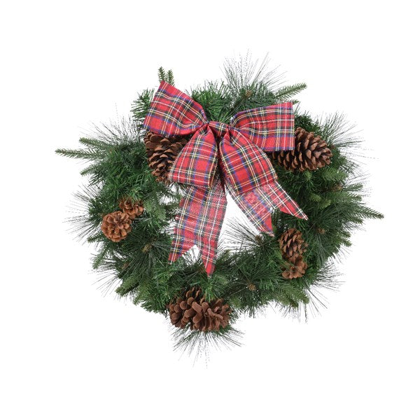Mix Needle Wreath W Tartan Bow Green - Christmas - Windyridge Garden Centre