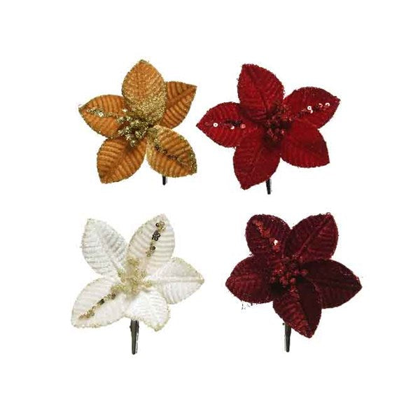 Poinsettia On Clip Polyester Spangels Velvet D.10Cm X H.2Cm - Christmas - Windyridge Garden Centre